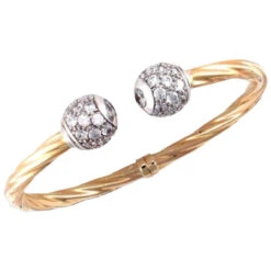 Medium Weight 9ct Yellow Gold Hinged And Twisted Torque Bangle With Cubic Zirconia Set White Gold Beads P702280