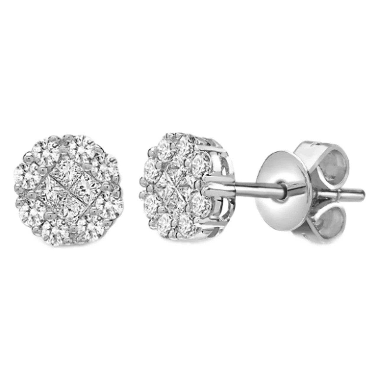 18ct White Gold 1.00ct Princess And Round Diamond Cluster Stud Earrings P702E18-408-100 1 18ct White Gold 1.00ct Princess And Round Diamond Cluster Stud Earrings P702E18-408-100