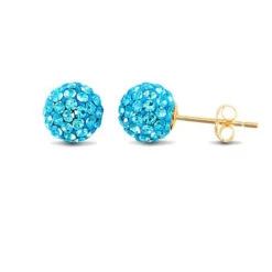 9ct Yellow Gold Blue Tinted Sparkling Crystal Set Ball Stud Earrings P702E9-211