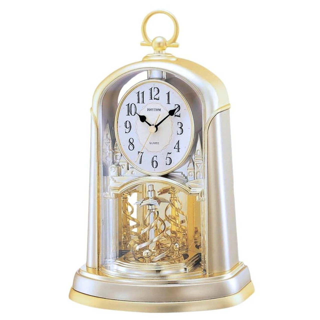 Rhythm Gold And Silver Tone Carriage Clock With Rotating Twist Pendulum 4SG713WR18 1 Rhythm Gold And Silver Tone Carriage Clock With Rotating Twist Pendulum 4SG713WR18